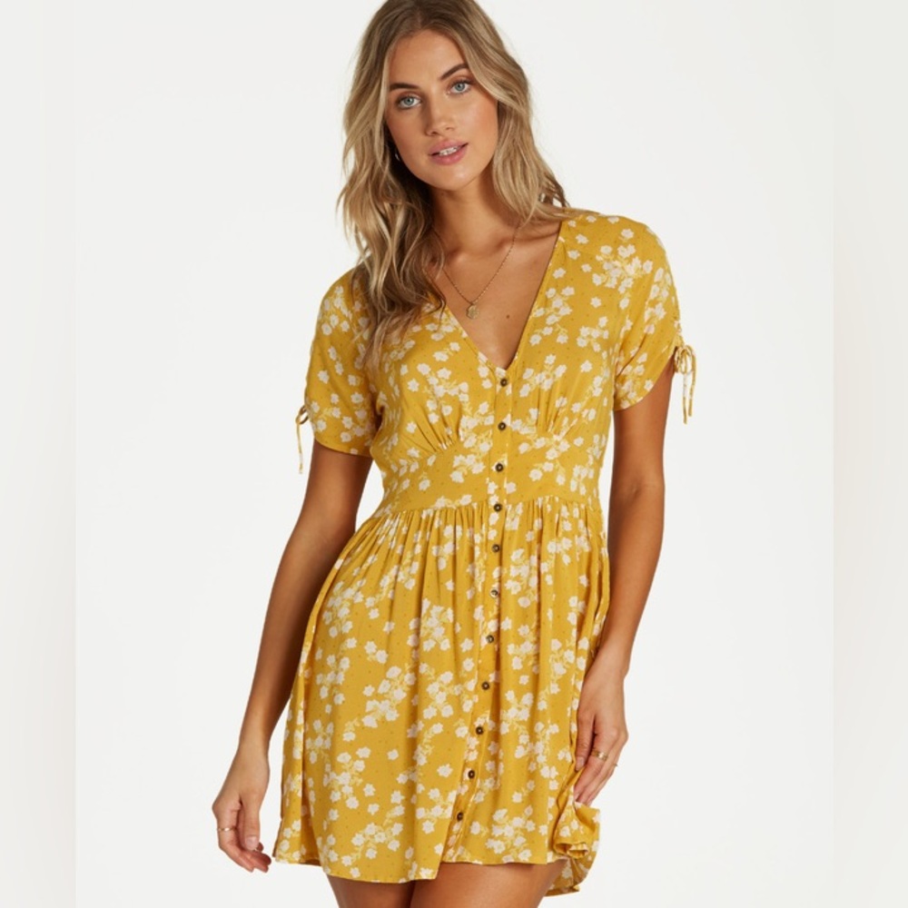 Billabong Twirl Twist Tress Mustard Yellow Floral Dress